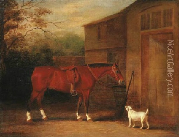 A Bay Hunter And Dog Outside A Stable Oil Painting - John E. Ferneley