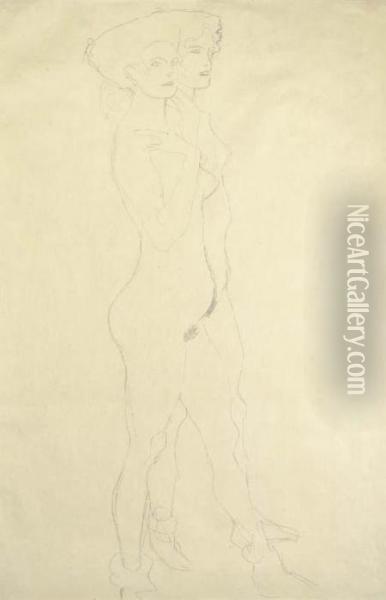 Zwei Nach Rechts Schreitende, Die Vordere Halt Die Rechte An Derschulter Oil Painting - Gustav Klimt