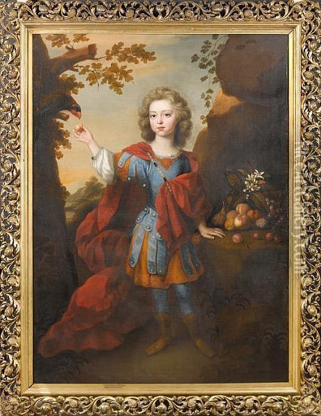 Portrait Of A Boy, Standing 
Full-length, In Roman Dress, In A Landscape, Feeding A Parrot, Beside A 
Still Life Of Fruit Oil Painting - Jacob Huysmans