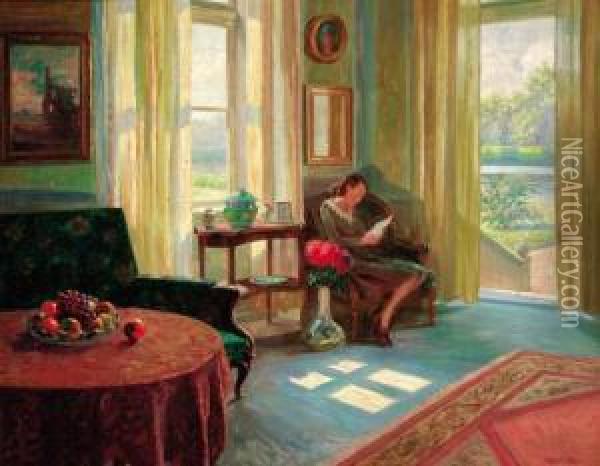 A Woman Reading In A Sunlit Interior Oil Painting - Robert Panitzsch