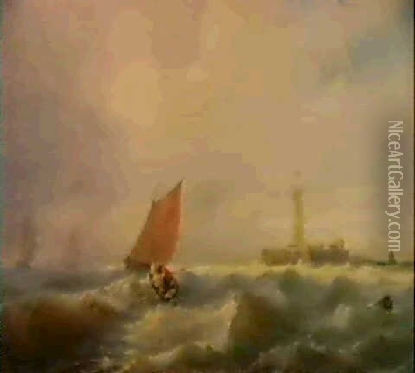 Hafeneinfahrt Bei Sturmischer See (le Havre?) Im            Vordergrund Kampft Ein Ruderboot Gegen Hohe Wellen... Oil Painting - Wilhelm August Leopold Christian Krause