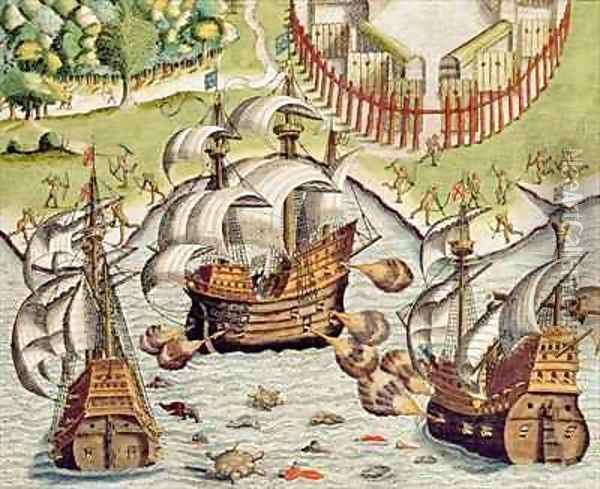 Naval Battle between the Portuguese and French in the Seas off the Potiguaran Territories Oil Painting - Theodore de Bry