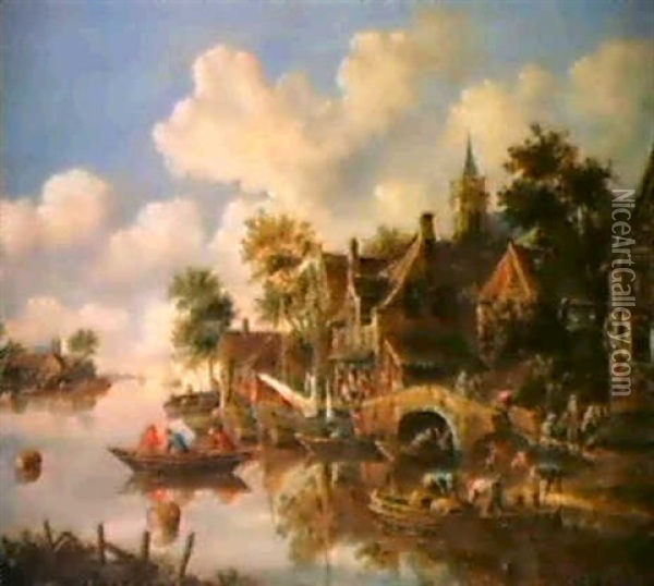 Dorf An Einem Fluss Oil Painting - Thomas Heeremans