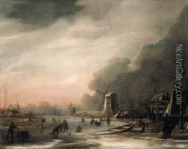 A Winter Landscape With Skaters 
And Kolf Players, An Elegant Couplein The Foreground, A Church And 
Windmills Beyond Oil Painting - Aert van der Neer