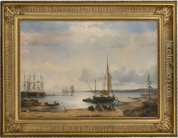 Part Of A Harbour Withsailing Ships Oil Painting - Johan Jacob Bennetter
