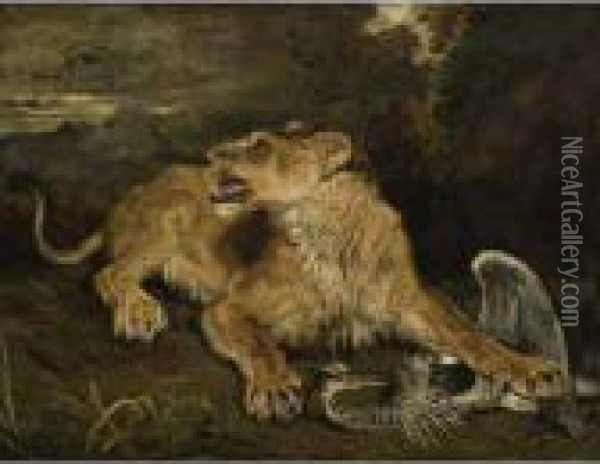 A Lioness With A Heron Oil Painting - James Ward