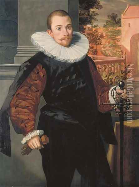 Portrait of Cornelis Jorisz. Roodhoorn (1564-1599), three-quarter-length, in a black slashed doublet with brown sleeves and a ruff Oil Painting - Pieter Pietersz
