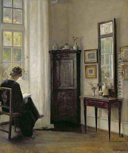 Interior with Woman Reading Oil Painting - Carl Vilhelm Holsoe