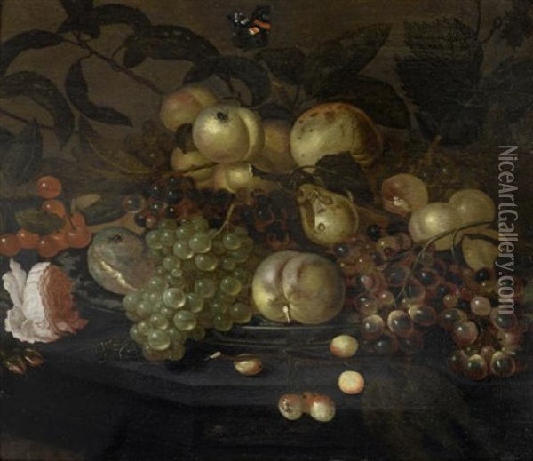 Fruchte- Und Blumenstilleben Mit Schmetterling Und Insekten Oil Painting - Bartholomeus Assteyn