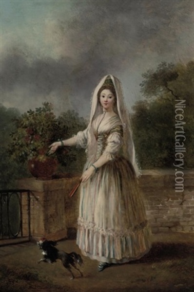 Portrait Of A Lady In Masquerade Dress, On A Terrace With A Spaniel Oil Painting - Jean-Frederic Schall