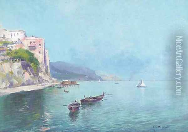Fishing vessels in a Neapolitan bay Oil Painting - Oscar Ricciardi
