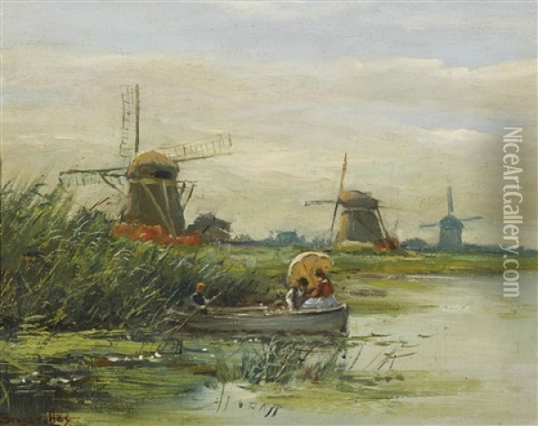 Windmuhlen Am Ufer Mit Ruderboot Oil Painting - Victor Brugairolles