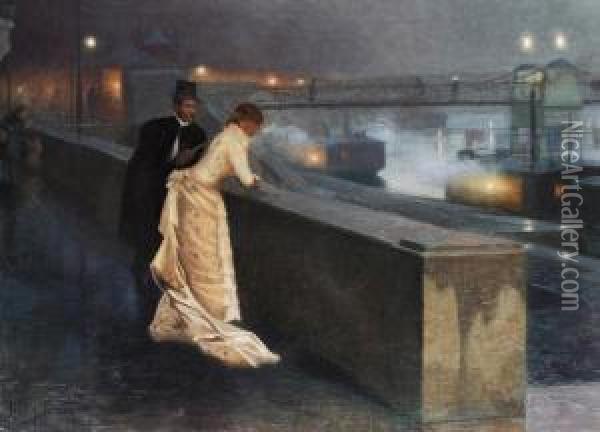 Abendstimmung Am Flusskai Mit Elegantem Paar In Abendkleidung Oil Painting - Henry Bouvet