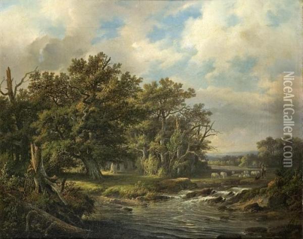 Bewaldete Flusslandschaft Mit Schafen Und Hirten Oil Painting - Barend Cornelis Koekkoek