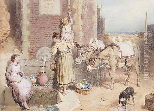 The Well At Hastings Oil Painting - Myles Birket Foster