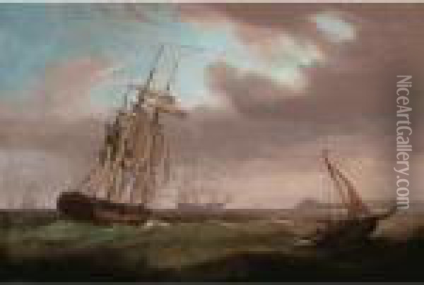 A Man-of-war And Other Shipping Off The Coast Oil Painting - Thomas Whitcombe