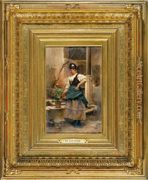 L'arrosage Espagnol Dans Une Cour Oil Painting - Jules Worms