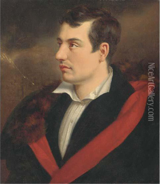 Portrait Of The Poet, George Gordon Byron, 6th Baron Byron(1788-1824), Bust-length, Wearing A White Shirt And A Black Coatwith Red Lining And Fur Trim, In A Stormy Landscape Oil Painting - Samuel Drummond