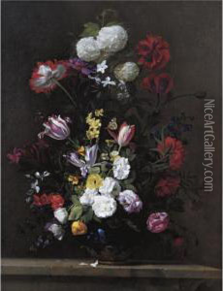 A Bouquet Of Flowers With Poppies, Roses, Tulips, Narcissi, Cyclamen, And Hydrangeas In A Lapis Vase With Butterflies On A Stone Ledge Oil Painting - Jean Picart