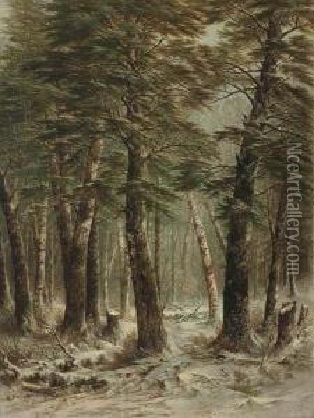 ''woods In Winter'' Oil Painting - Thomas Lochlan Smith