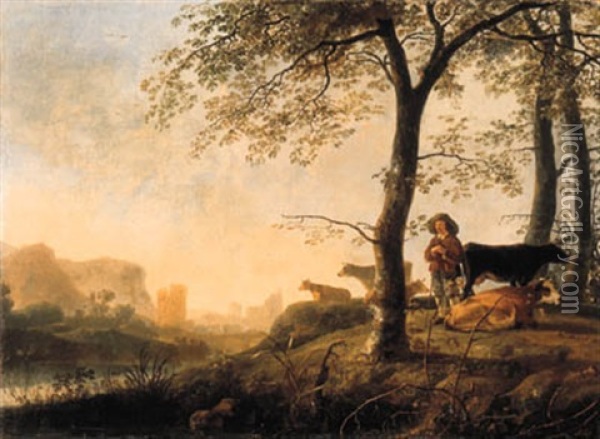 An Evening River Landscape With A Cowherd And Cows By The Edge Of A Copse, A Bridge And Ruins Beyond Oil Painting - Abraham Van Calraet