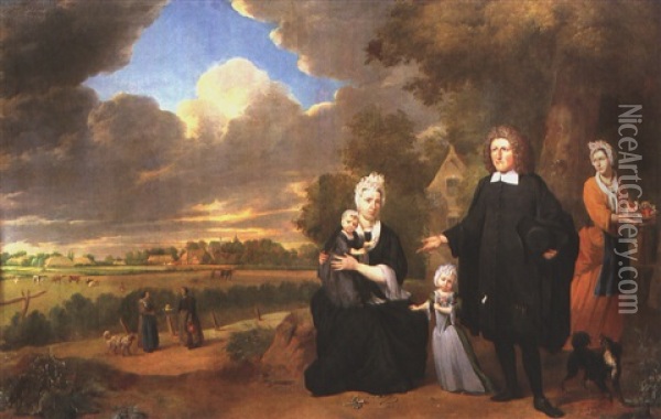 Portrait Eines Calvinistischen Geistlichen Mit Seiner Familie Vor Einem Landlichen Hintergrund Oil Painting - Jan Josef Horemans the Elder