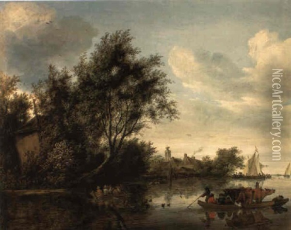 A River Landscape With A Hayloft Among Trees, A Ferryboat. . . Oil Painting - Salomon van Ruysdael