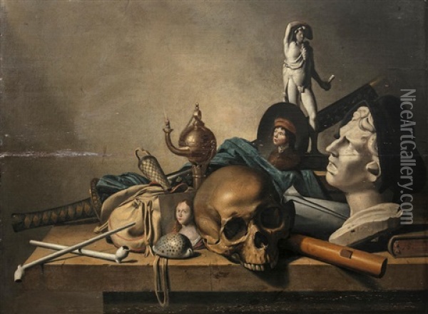 Still Life Of A Sculptural Bust, A Skull, An Oil Lamp And Other Items On A Stone Ledge Oil Painting - Harmen Steenwyck