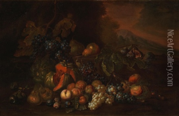Melons, Grapes, Peaches And Other Fruit In Landscape Oil Painting - Joseph Teal Cooper