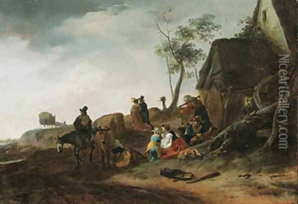 A traveller on horseback, a milkmaid and peasants by a cottage in a landscape, an elegant couple and a carriage beyond Oil Painting - Philips Wouwerman