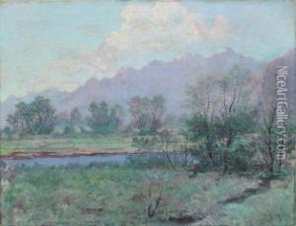 Utah River Landscape With Distant Mountains Oil Painting - Paul Thorsten Jansen Fjellboe