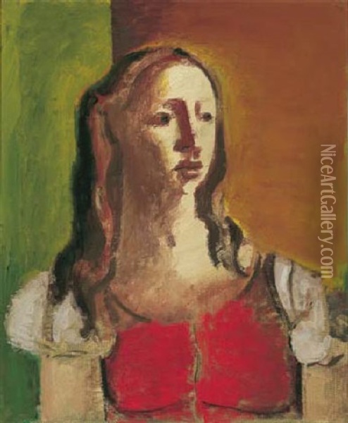 Woman In Red Waistcoat Oil Painting - Bernard Meninsky