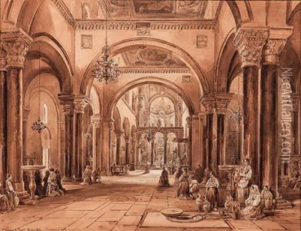 Pie Donne In Preghiera Nella Basilica Di San Nicola A Bari Oil Painting - Achille Vianelli