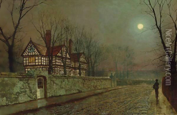 A Cheshire Road By Moonlight Oil Painting - John Atkinson Grimshaw