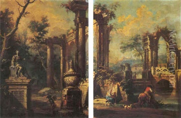 Paesaggio Con Rovine Architettonico E Figure Oil Painting - Giovanni Battista Cimaroli