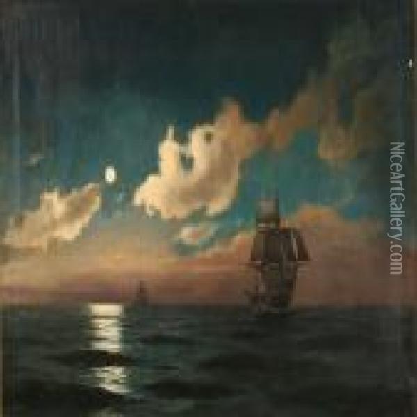 Seascape With Sailing Ships In The Moonlight Oil Painting - Carl Locher