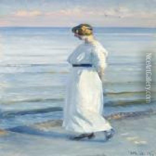 Young Woman In A Whitedress Walking On Skagen Beach Oil Painting - Michael Ancher
