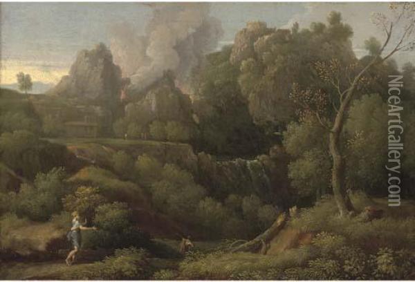 A Wooded Landscape With Figures In The Foreground, A Volcano Erupting Beyond Oil Painting - Jan Frans Van Bloemen (Orizzonte)