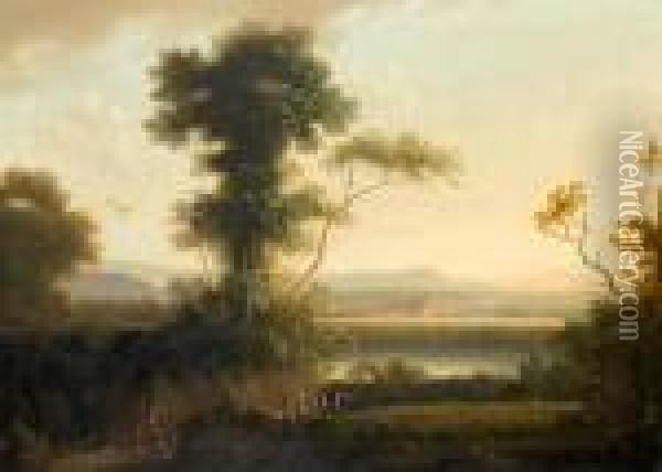 A River Landscape With Classical Ruins In The Distance Oil Painting - John Rathbone