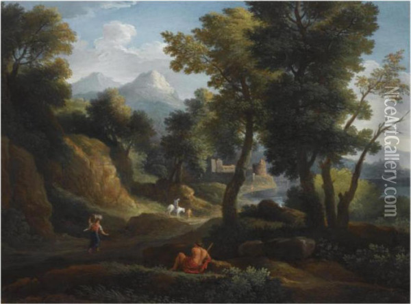 An Italianate Wooded Mountainous
 Landscape With A Figure Resting Inthe Foreground, Other Figures On A 
Path Near A River, A View Of Aruined Castle Beyond Oil Painting - Jan Frans Van Bloemen (Orizzonte)