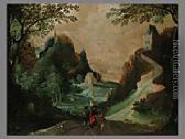 Drei Wanderer In Einer Schlucht Mit Schlossern Und Burgen Oil Painting - Joos De Momper