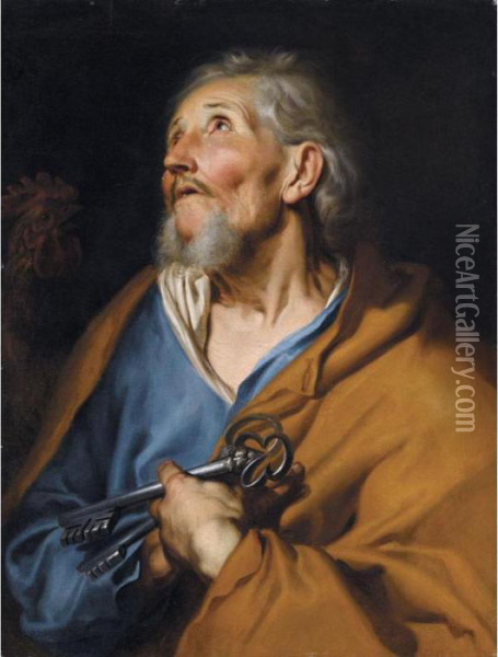 Saint Peter, Half Length, Holding The Keys And Looking Heavenwards Oil Painting - Sir Anthony Van Dyck