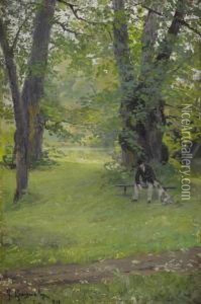 Parklandskap Med Sittande Herre Och Hund Oil Painting - Gerda Roosval-Kallstenius