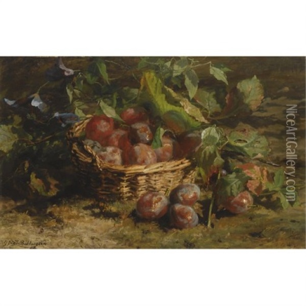 A Still Life With Plums In A Basket Oil Painting - Gerardina Jacoba van de Sande Bakhuyzen