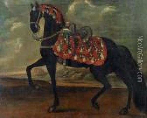 A Black Stallion, Possibly A 'lipizzaner' With An Elaborate Saddle Performing A 'piaffe' Oil Painting - Johann Georg Hamilton