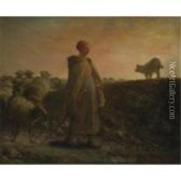 Shepherdess Returning With Her Flock Oil Painting - Jean-Francois Millet