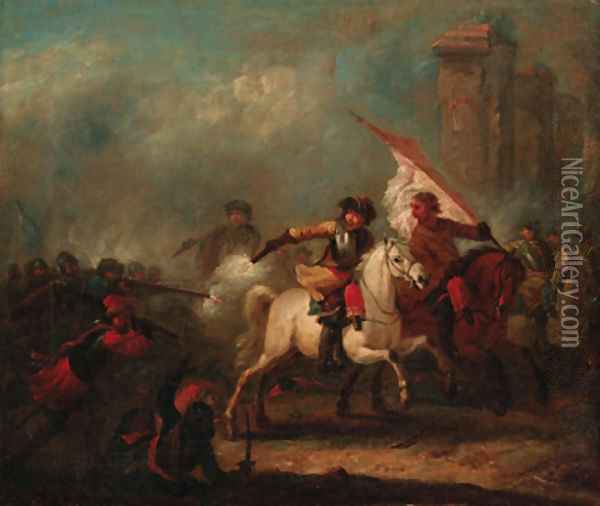 A cavalry skirmish Oil Painting - Jan Van Hutchenburg
