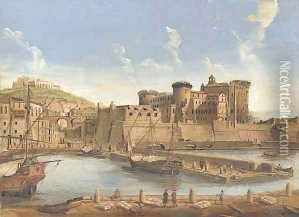 La Darsena delle galere View of Naples from the harbour, with a view of the Castel Nuovo and Capodimonte beyond Oil Painting - Caspar Andriaans Van Wittel