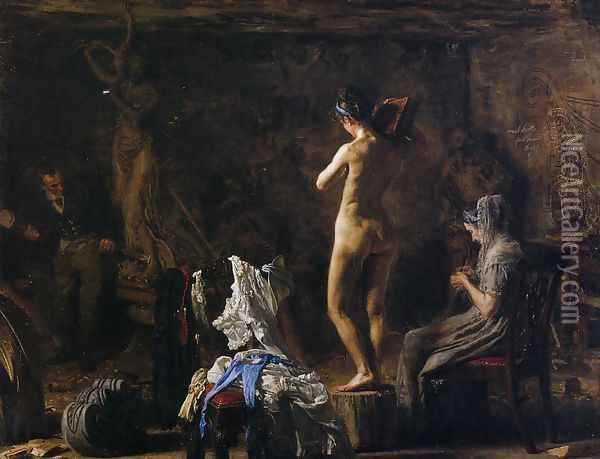 William Rush Carving his Allegorical Figure of the Schuylkill River 1876-77 Oil Painting - Thomas Cowperthwait Eakins