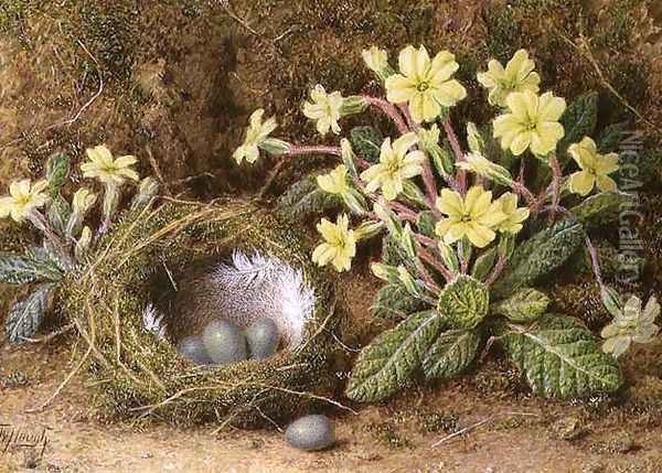 Still Life of Eggs in a Nest and Primroses Oil Painting - William B. Hough